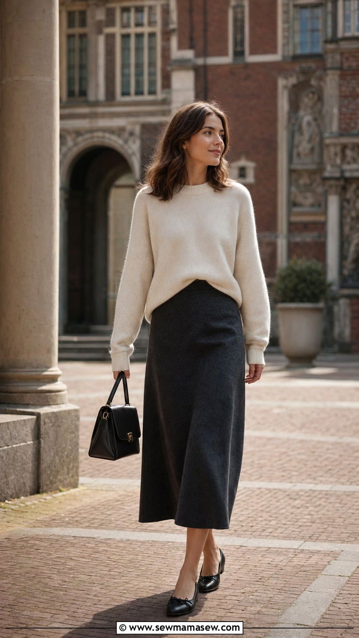 Midi Skirt and Sweater with Ballet Flats Amsterdam - 30 Amsterdam outfit ideas