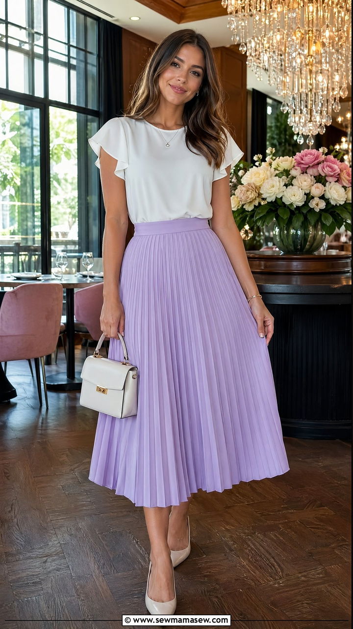Midi Skirt and Tucked In Blouse Baby Shower Outfit - 35 spring baby shower outfit ideas