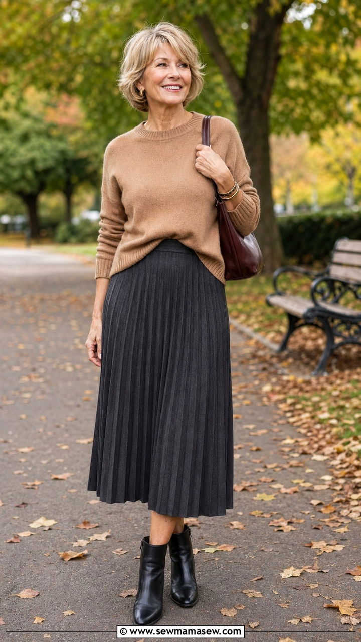 Midi Skirt with Cashmere Knit and Low Heel Ankle Boots - 35 Parisian outfits for women over 50