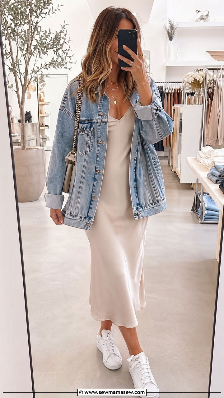 Midi Slip Dress And Denim Jacket Outfit - 35 shopping day outfit ideas
