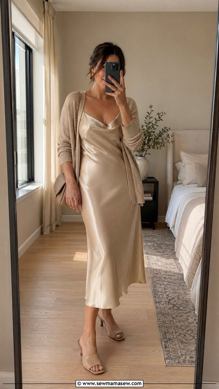 Midi Slip Dress with Kitten Heels - 35 classy outfits for women over 30