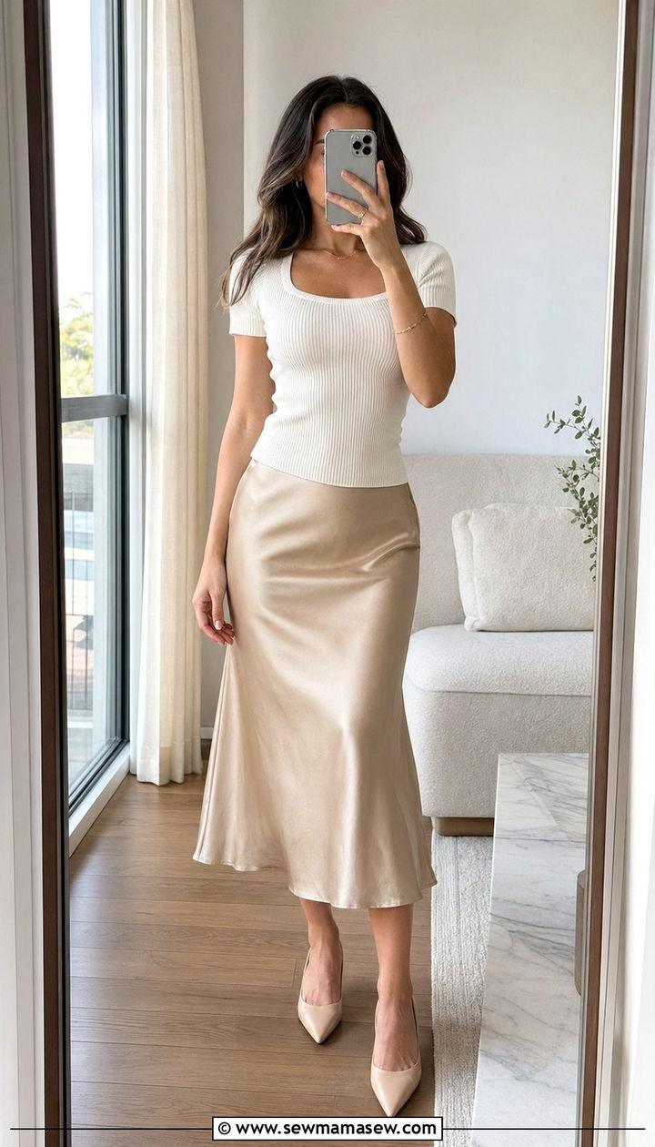 Midi Slip Skirt With Fitted Knit Top - 30 Best skirts for petite women