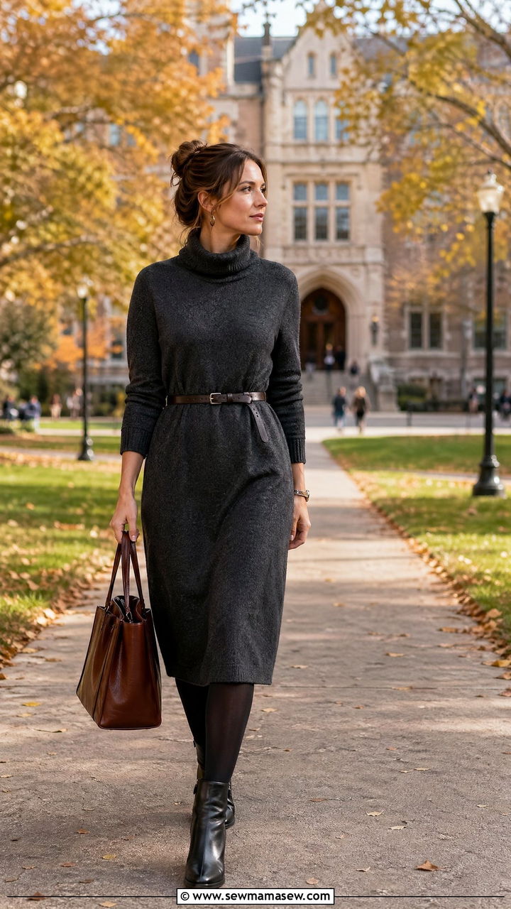 Midi Sweater Dress With Ankle Boots And Leather Tote - 35 College professor outfit ideas
