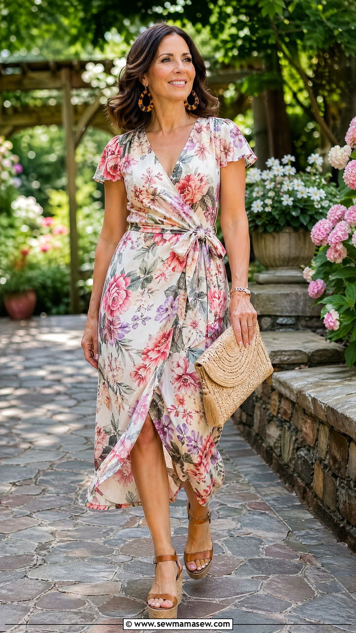 Midi Wrap Dress And Wedge Sandals Outfit - 35 Summer capsule wardrobe for women over 40
