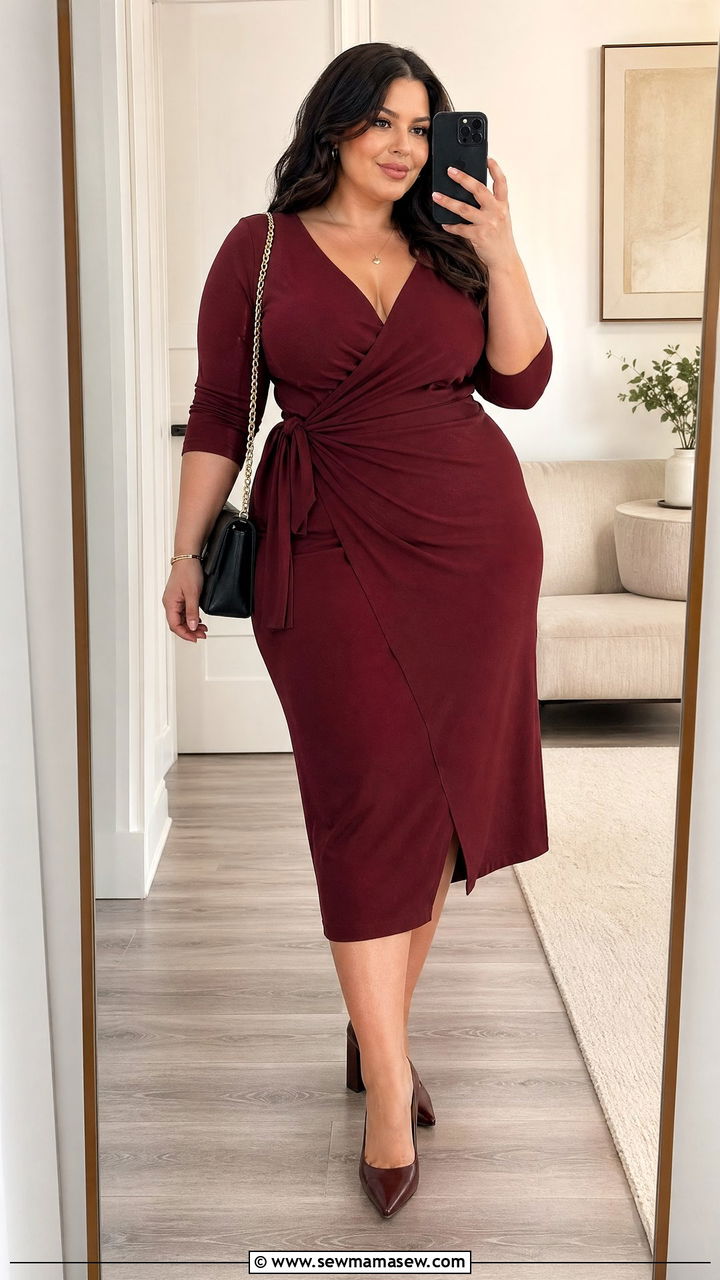 Midi Wrap Dress With Block Heels Outfit - 35 work outfits for plus size women