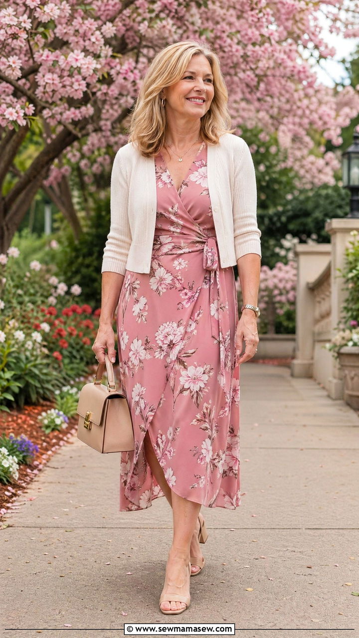 Midi Wrap Dress With Cropped Cardigan And Block Heels - 35 Classy outfits for women over 50