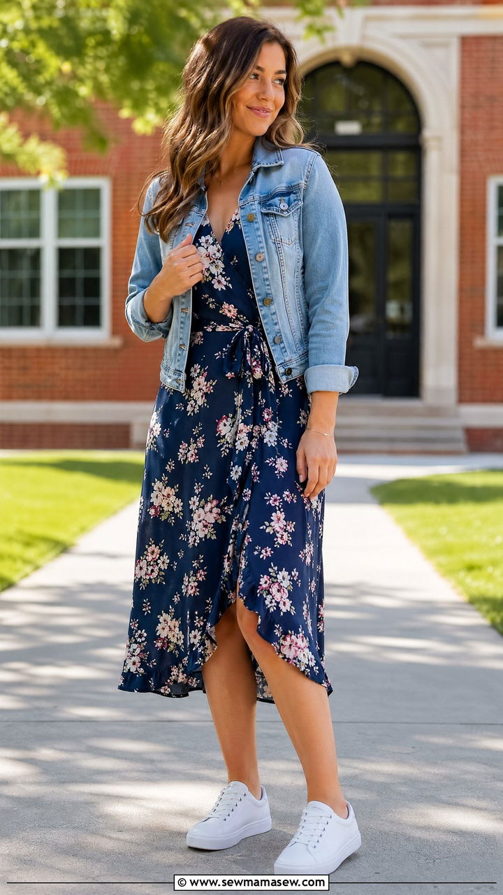 Midi Wrap Dress With Denim Jacket And White Sneakers - 35 Counselor outfit ideas