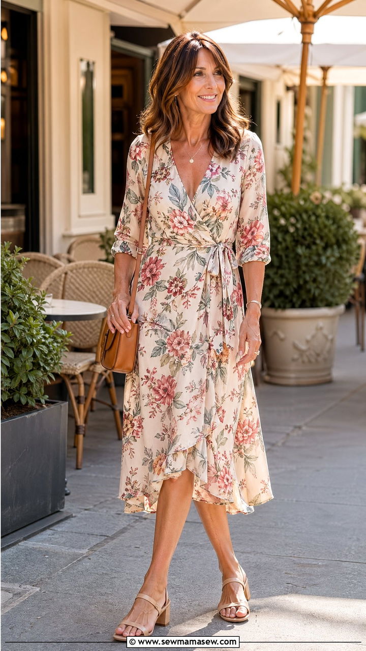 Midi Wrap Dress With Low Heeled Sandals - 35 What to wear in summer for women over 40