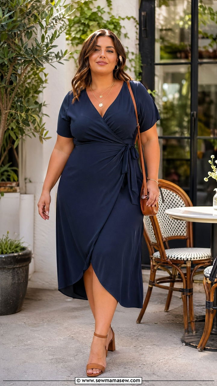 Midi Wrap Dress with Block Heels - 35 classy outfits for plus size women