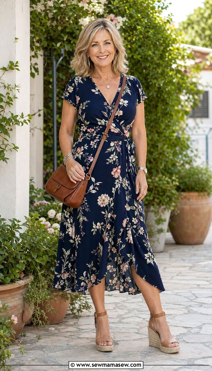 Midi Wrap Dress with Espadrille Wedges - 30 Aesthetic outfit ideas for women over 50