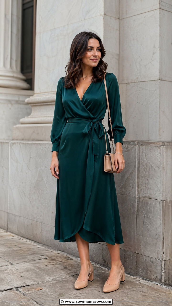 Midi Wrap Dress with Low Block Heels - 35 Courthouse wedding guest outfits