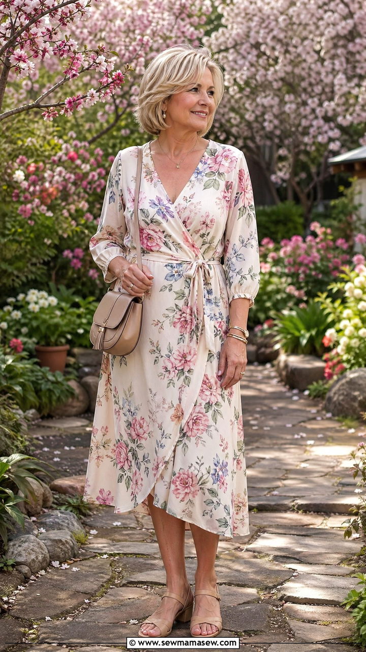 Midi Wrap Dress with Low Block Heels - 35 What to wear in spring for women over 50