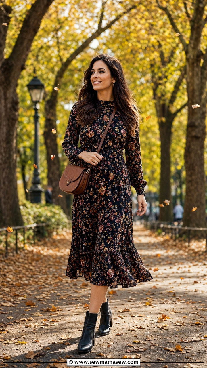 Midi dress and ankle boots fall look - 35 Outfit ideas for women in their 30s