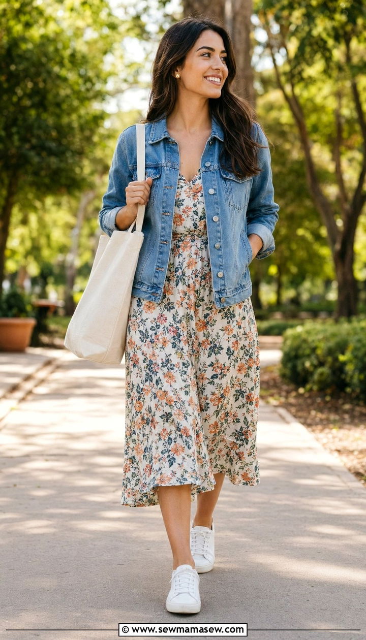 Midi dress and denim jacket outfit - 35 Outfit ideas for moms
