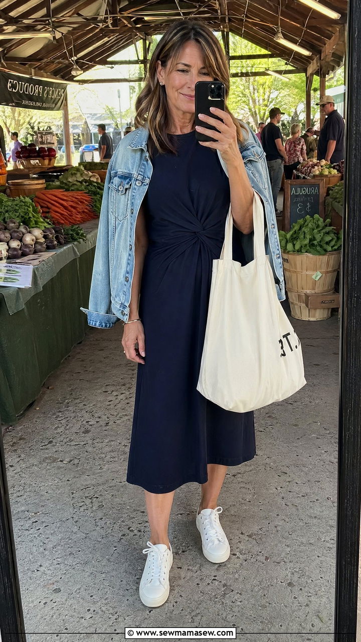 Midi dress and white sneakers outfit - 35 Casual outfits for women over 40