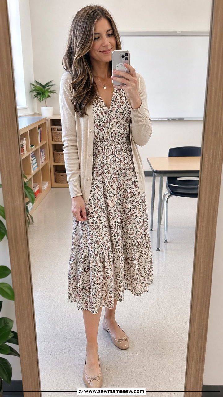 Midi dress with cardigan and ballet flats - 35 Teacher outfit ideas for school