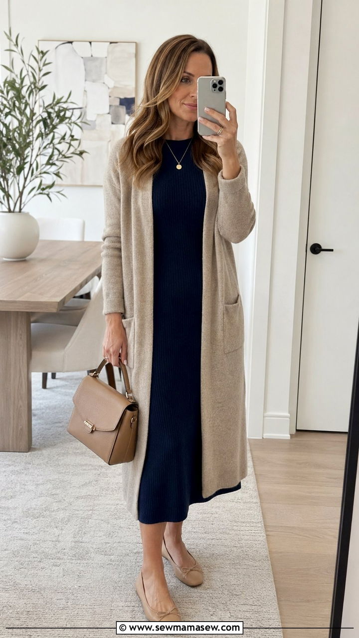 Midi dress with cardigan and flats outfit - 35 Outfit ideas for moms