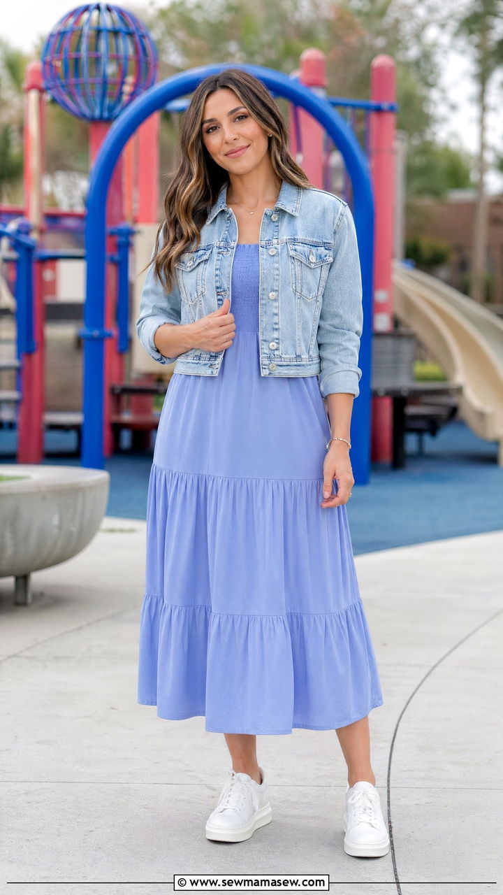 Midi dress with denim jacket and sneakers teacher outfit - 35 spring outfits for teachers