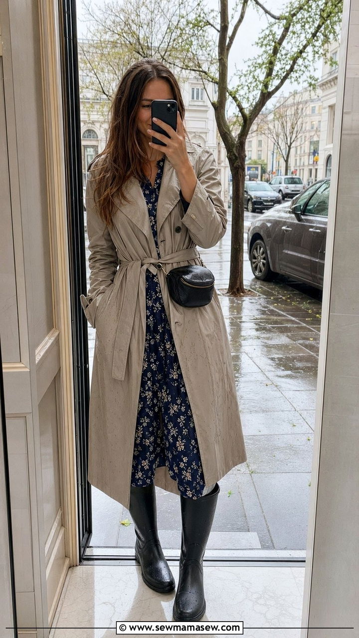 Midi dress with tall rain boots and a belt bag - 30 April showers outfit ideas