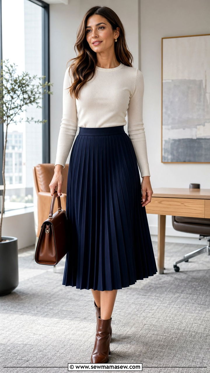 Midi pleated skirt with fitted sweater outfit - 35 Preppy outfits 2026
