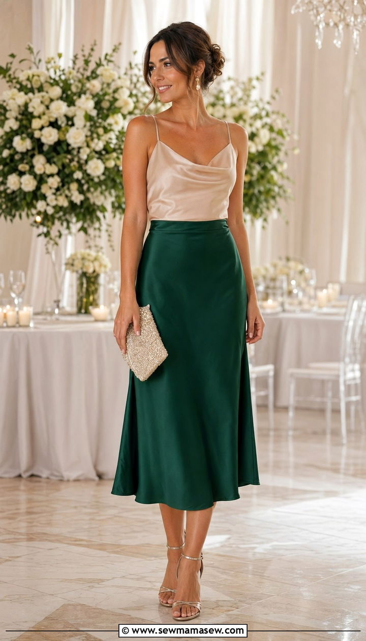 Midi satin skirt with silk camisole and strappy heels - 30 Wedding guest outfits with skirts