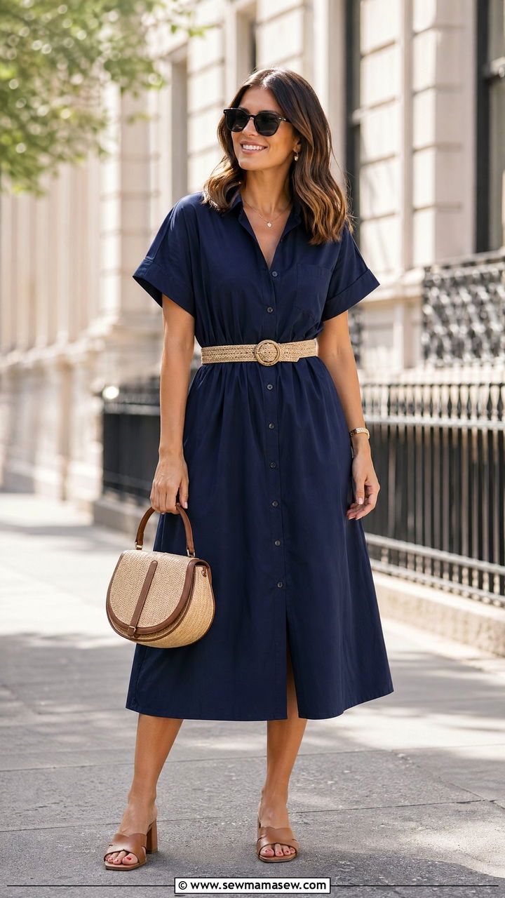 Midi shirt dress with a woven belt and low block heels - 35 Summer business casual outfits for women
