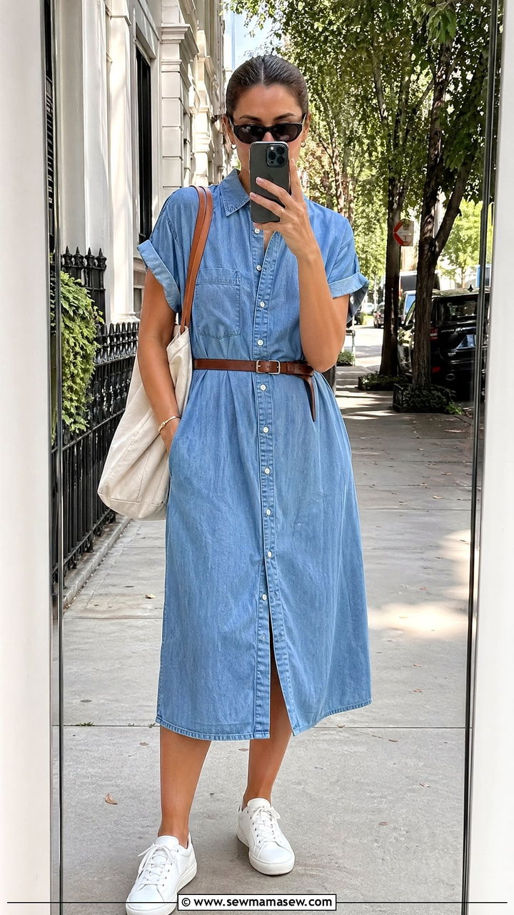 Midi shirt dress with waist belt outfit - 35 summer comfy outfit ideas