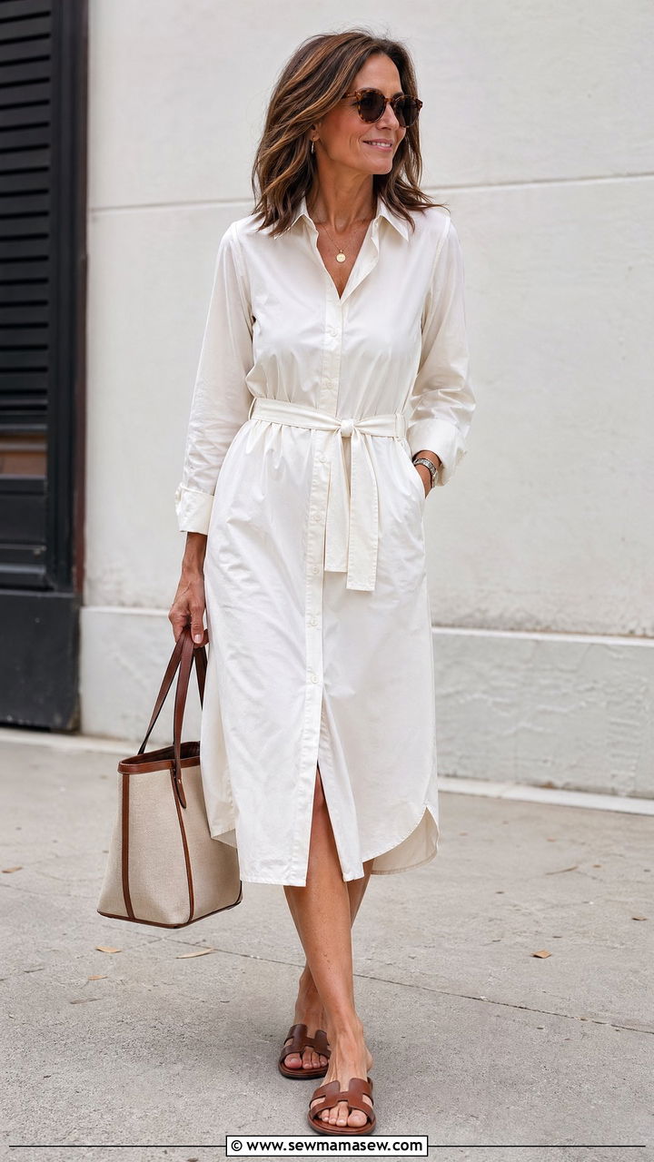 Midi shirtdress with leather sandals - 35 Vacation outfits for women over 40