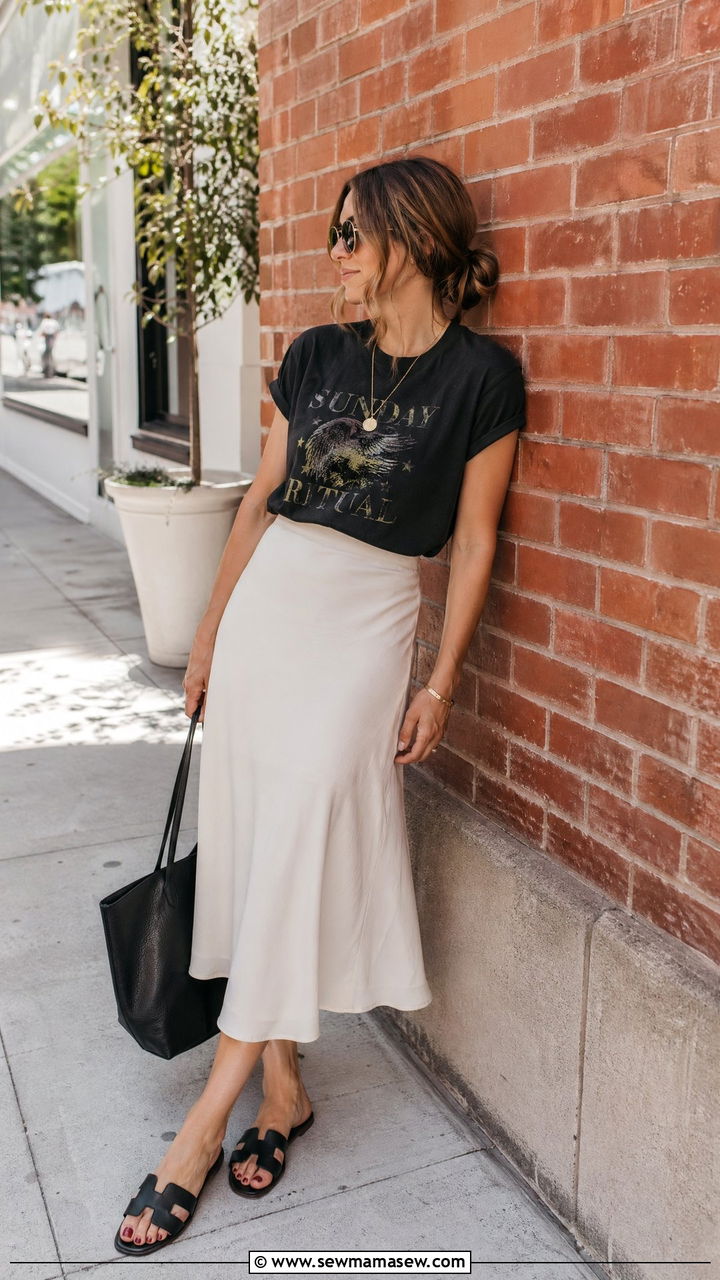 Midi skirt and tucked tee outfit - 35 Spring errands outfit ideas