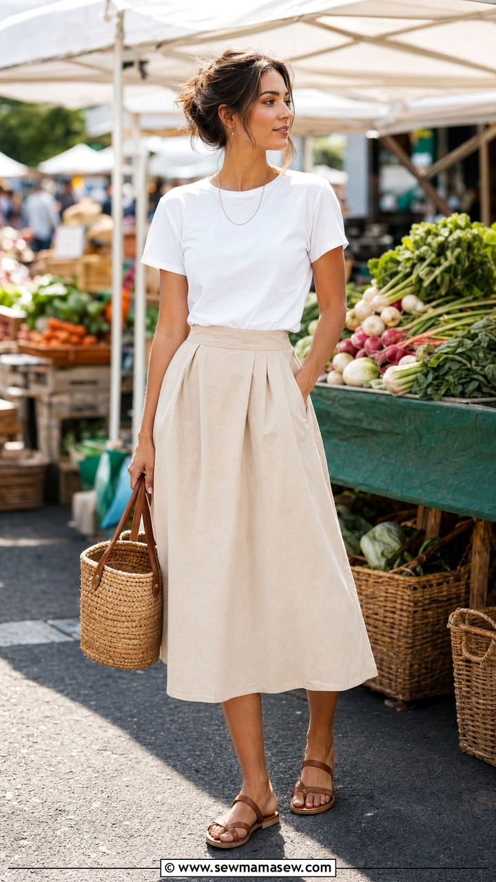 Midi skirt and tucked tee outfit - 35 Outfit ideas for moms