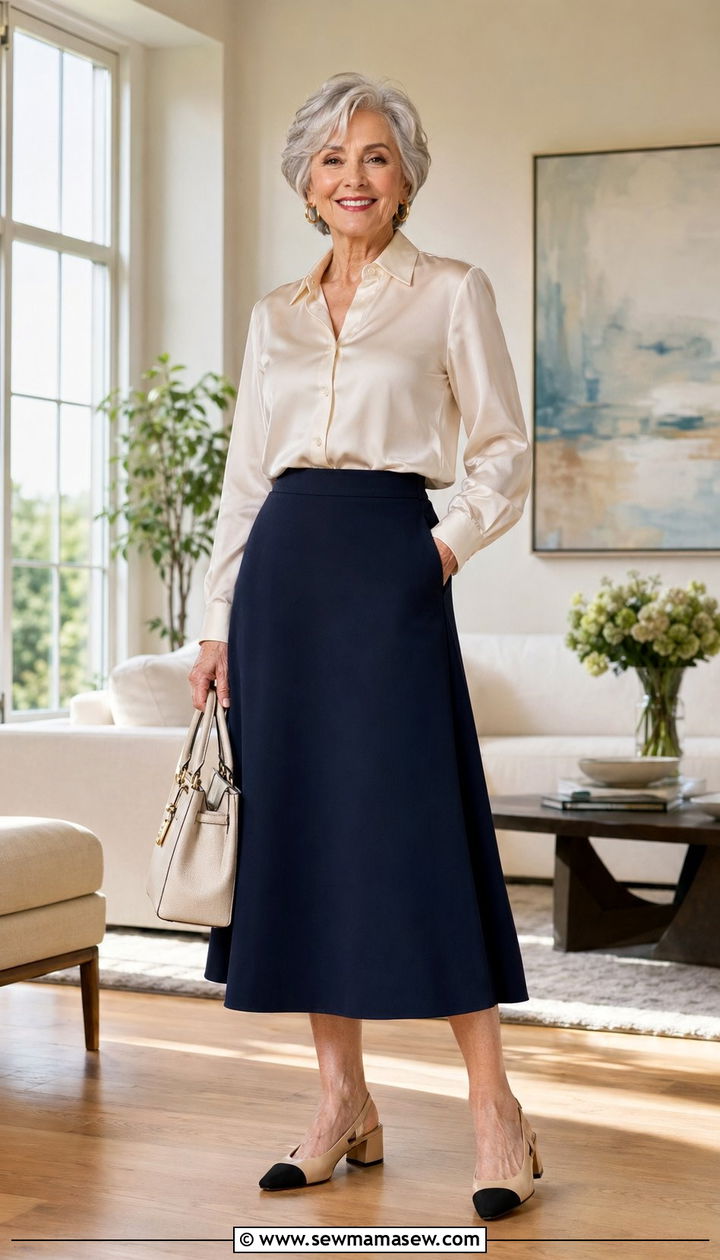 Midi skirt with a tucked blouse outfit - 30 Best skirts for women over 60