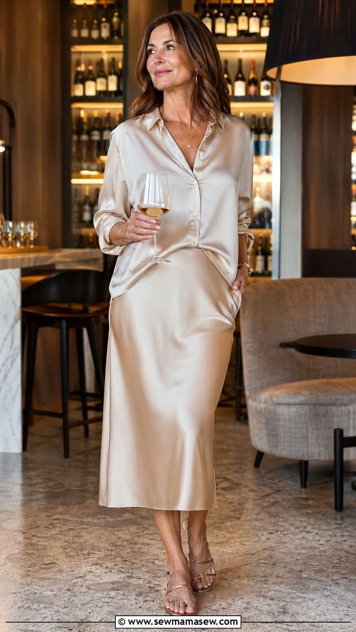 Midi slip skirt and blouse outfit for women over 40 going out - 35 Going out outfit ideas women over 40