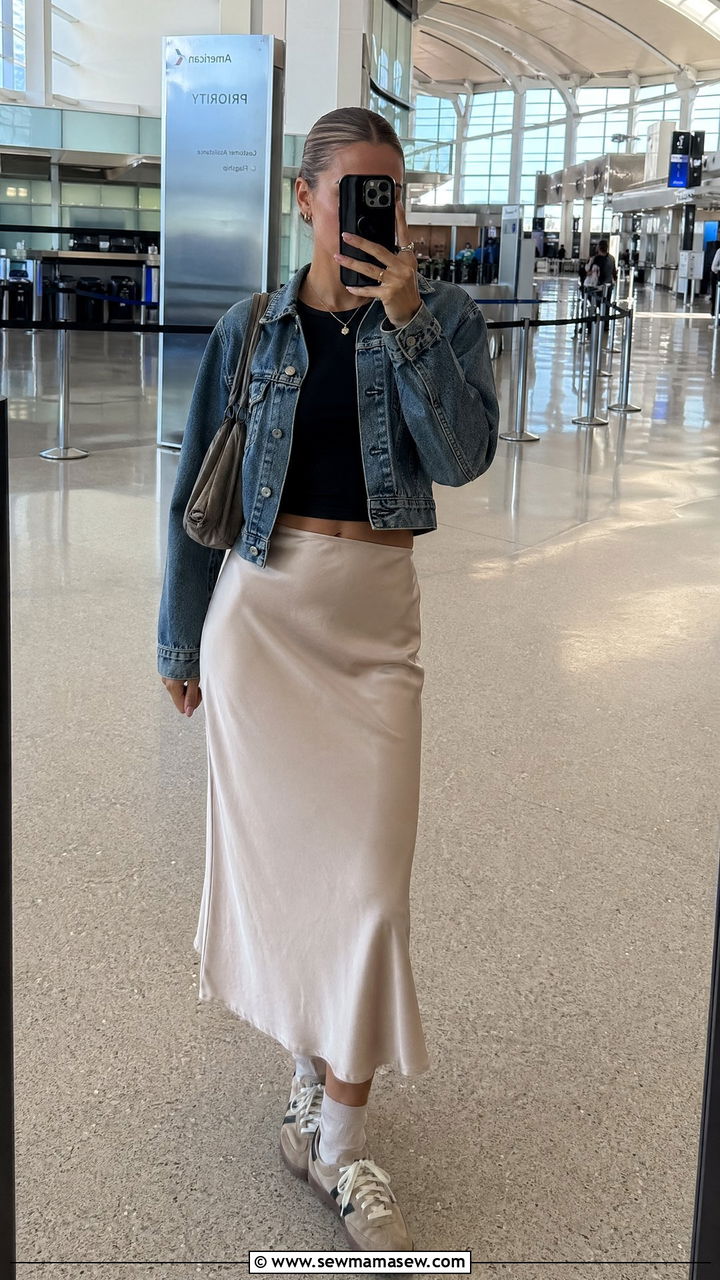 Midi slip skirt and tee travel outfit - 35 Travel day outfit ideas