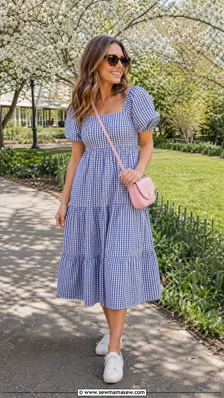 Midi tea dress white sneakers and pastel crossbody bag - 35 Crossbody bag outfit ideas