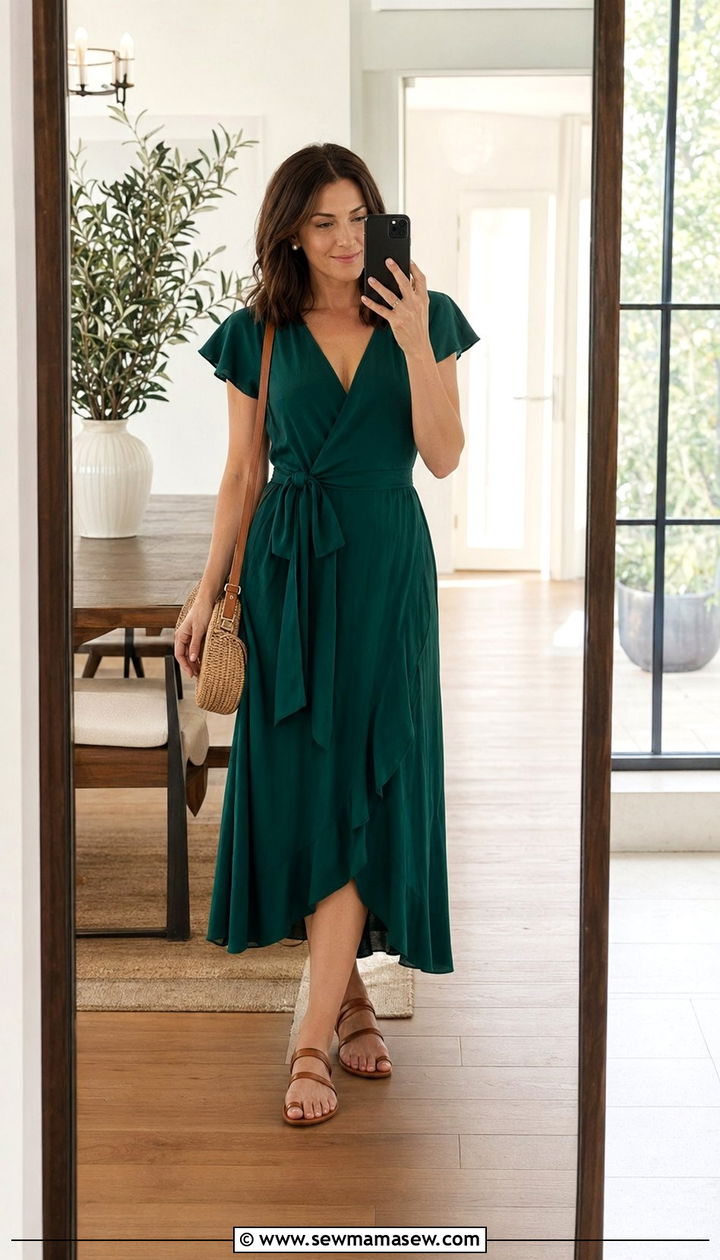Midi wrap dress and flat sandals outfit - 35 Outfit ideas for moms