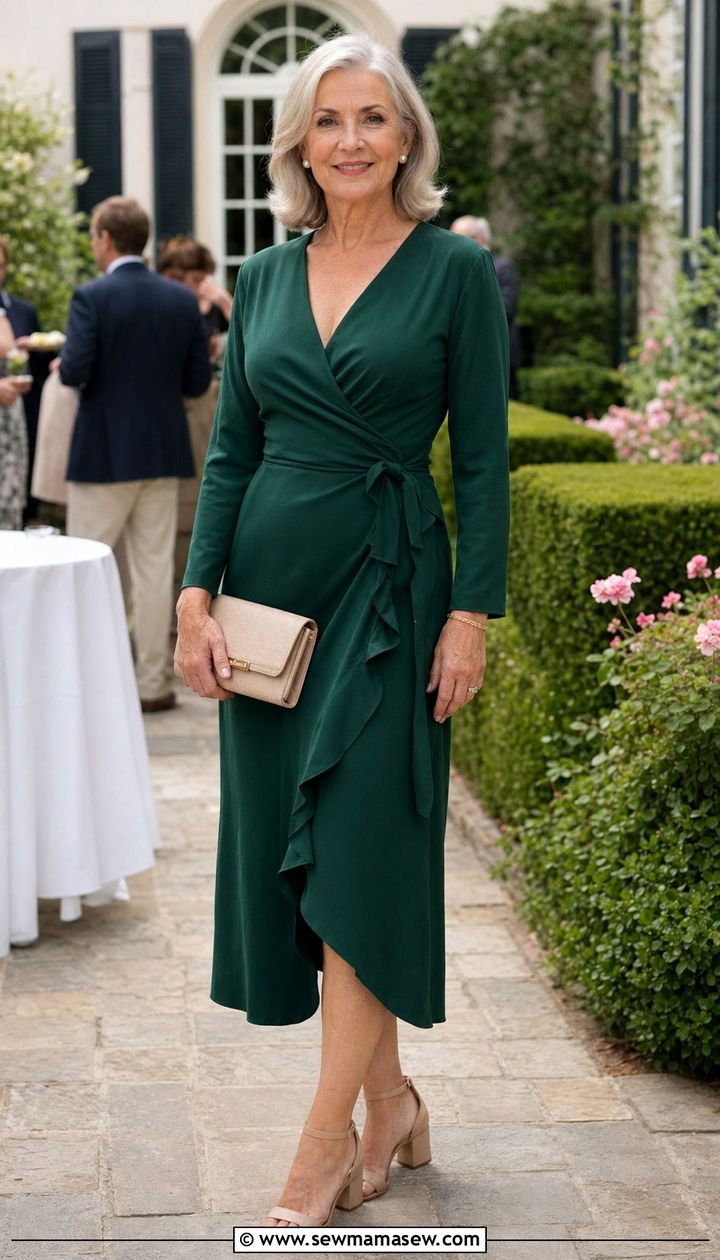 Midi wrap dress with block heel sandals and pearl studs - 35 Old money outfit ideas for women over 60