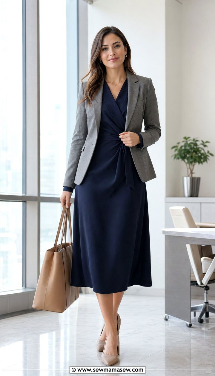 Midi wrap dress with tailored blazer and block heels - 35 Modest outfit ideas for office