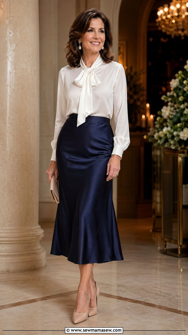 Midnight Blue Midi Skirt with a White Silk Blouse and Pearl Details - 35 Classy outfits for mature women