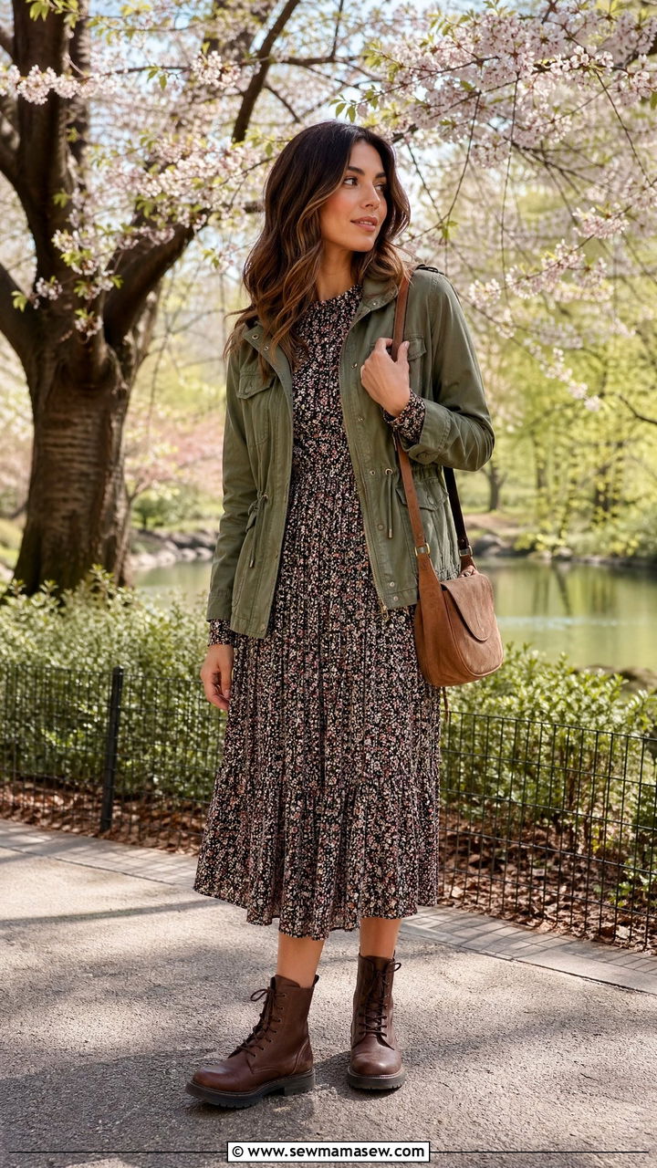 Military Jacket With Floral Dress - 35 Cold spring outfits
