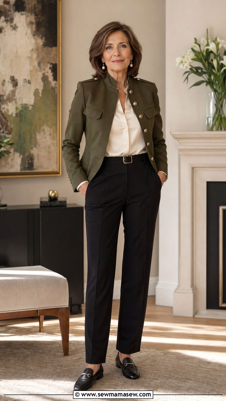 Military Jacket With a Silk Blouse and Trousers - 30 Best jackets for women over 50