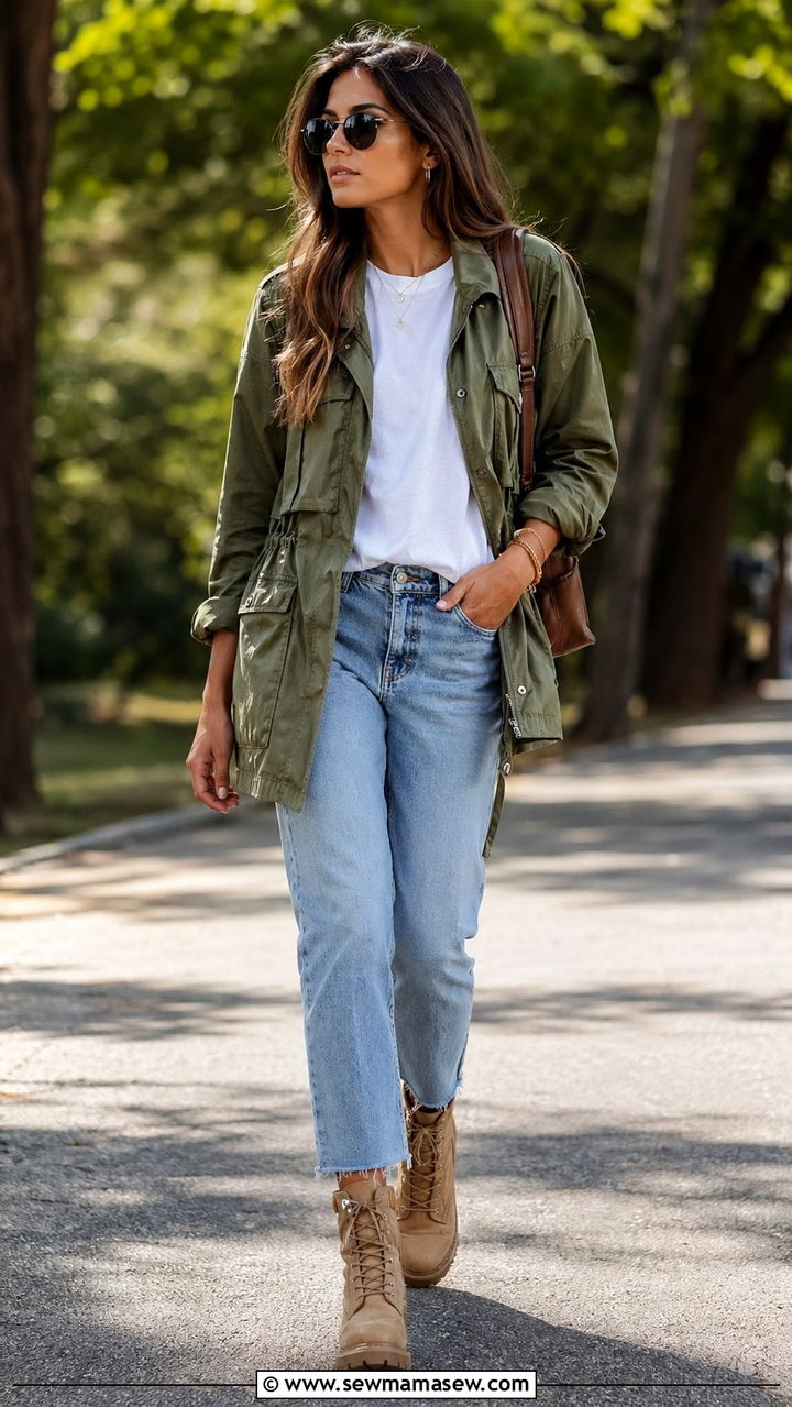 Military utility jacket and relaxed straight leg jeans outfit - 35 Pinterest outfits
