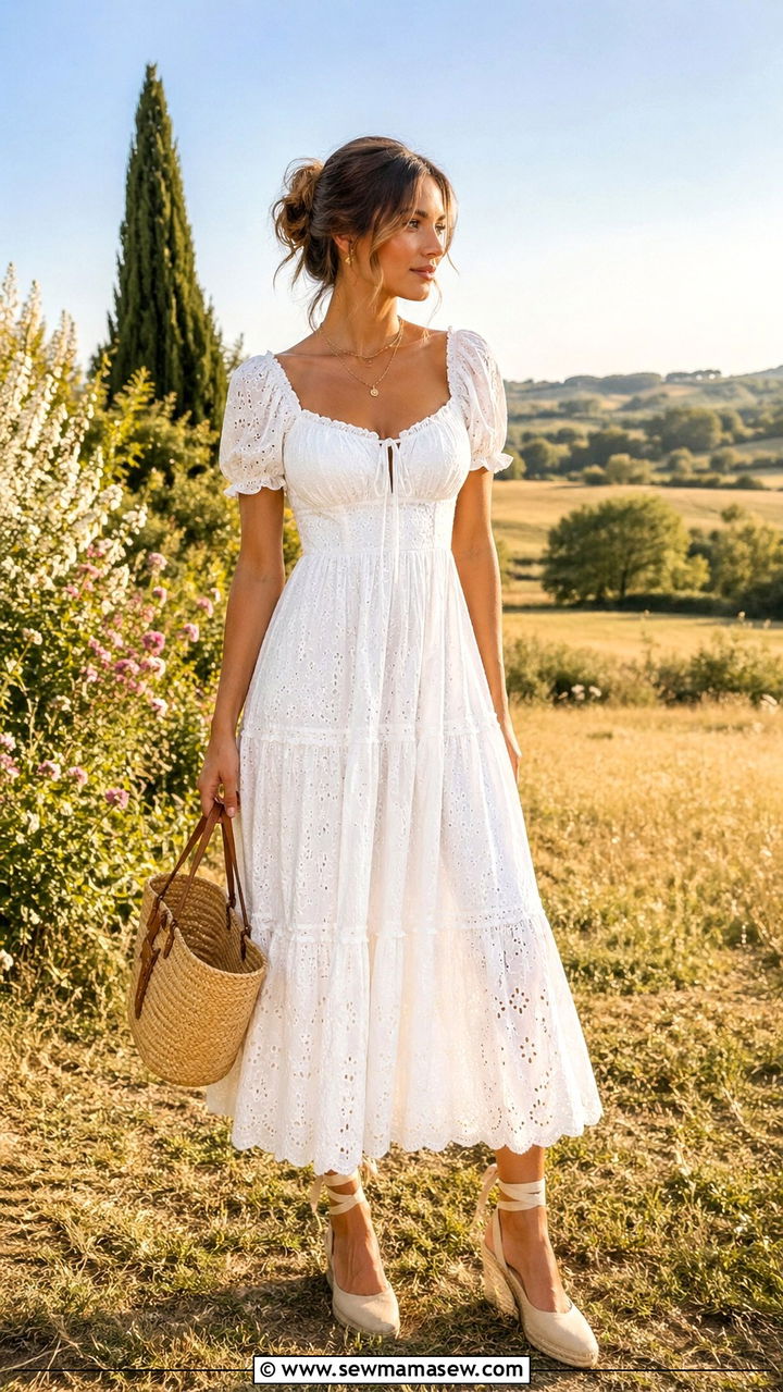 Milkmaid Dress With Espadrille Wedges And A Basket Bag - 30 Soft girl summer outfits