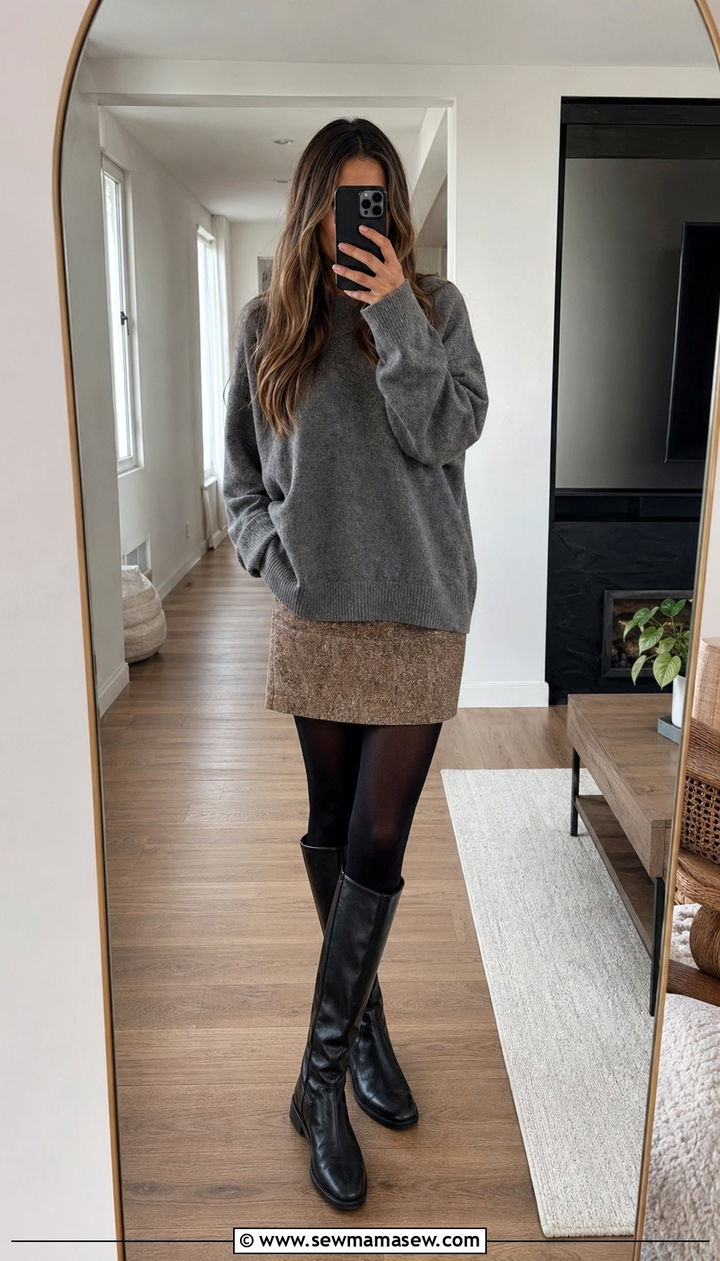 Mini Skirt With Opaque Tights and an Oversized Sweater - 30 50 degree weather outfits