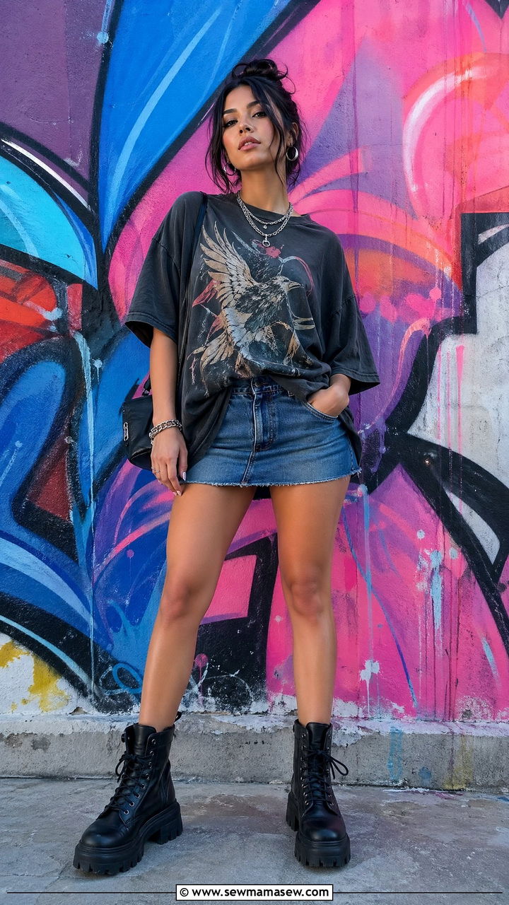 Mini Skirt With an Oversized Tee And Combat Boots - 35 Streetwear outfit ideas