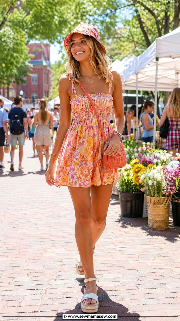 Mini Sundress with Platform Sandals and a Bucket Hat - 35 Summer outfits for college students