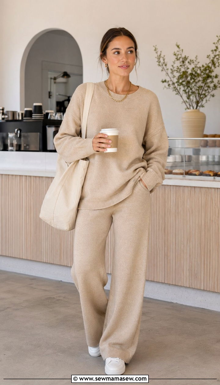 Minimalist Beige Monochrome Knit Set With a Structured Tote - 30 Aesthetic outfit ideas 2026