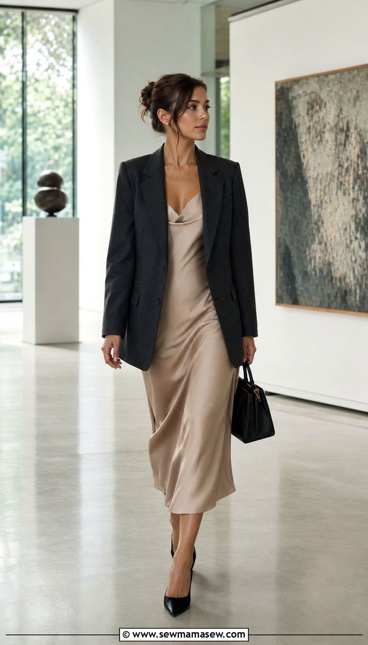 Minimalist slip dress layered under a tailored blazer - 35 Quiet luxury outfit ideas for work