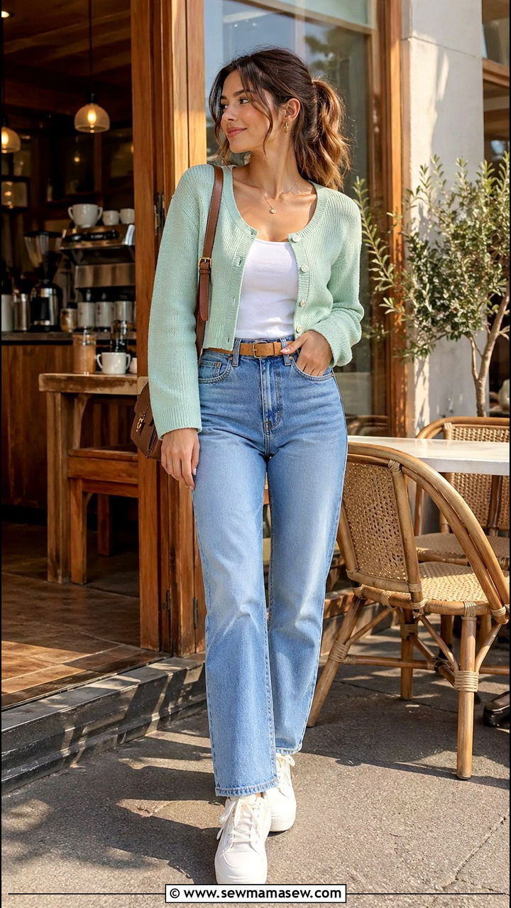 Mint Cropped Cardigan With High Waisted Jeans Outfit - 30 Spring mint outfit ideas