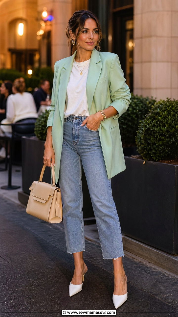 Mint Green Blazer and Cropped Jeans Outfit - 35 Spring outfits in pastel