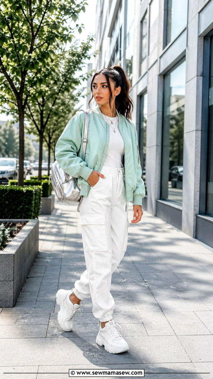 Mint Green Bomber Jacket With White Cargo Pants - 40 All mint green outfit ideas